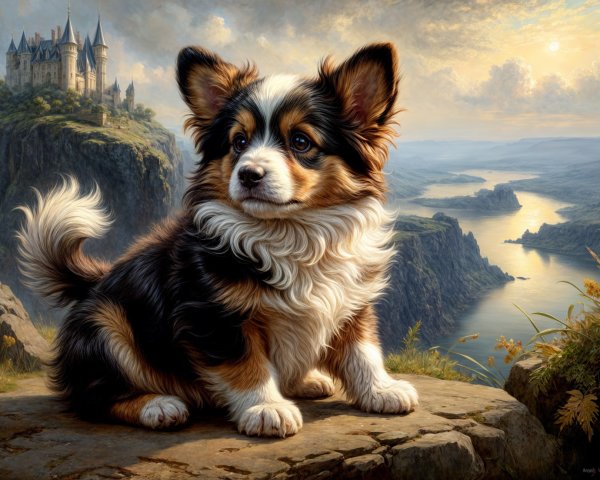 Fluffy dog on rocky outcrop with castle backdrop