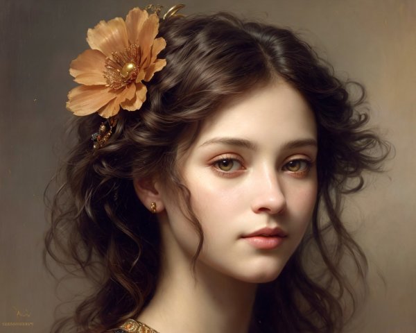 Young woman with wavy brown hair and orange flower adornments in realistic digital painting