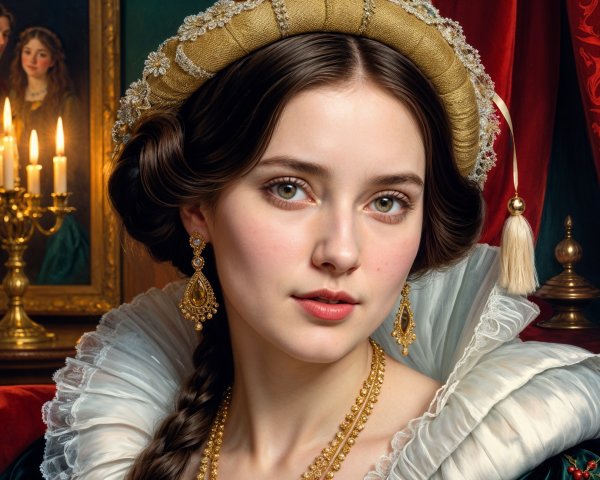 Elegant Historical Attire with Candlelight Backdrop