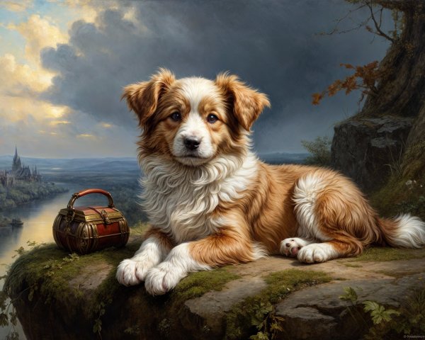 Golden-and-white dog on rocky ledge with treasure chest