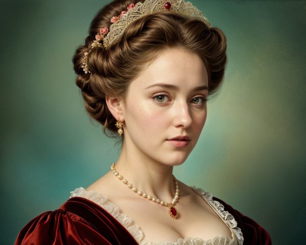 Young Woman in Velvet Dress with Floral Accents