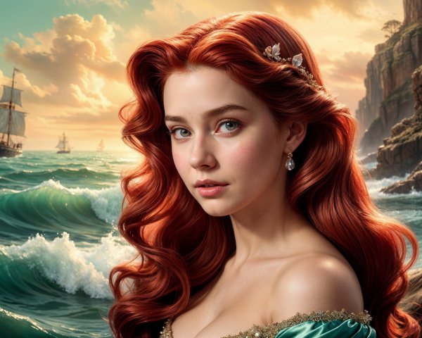 Young woman in green gown by the sea with sailboats