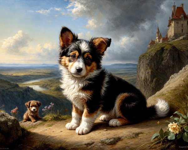 Corgi Puppy on Hillside with Castle and River View