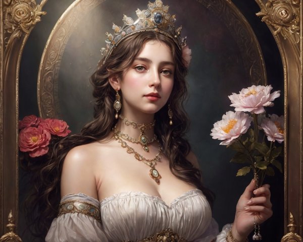 Regal woman in elegant attire with crown and flowers in ornate mirror frame