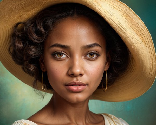 Young woman in straw hat with captivating brown eyes