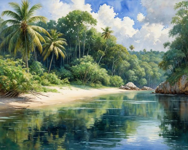 Tropical Landscape with Calm River and Lush Greenery