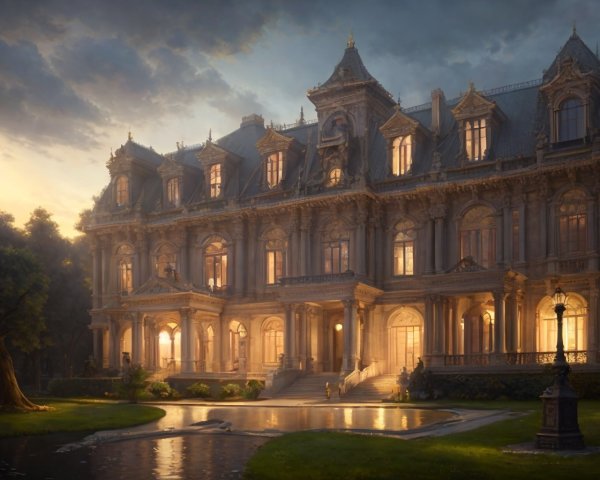 Opulent Mansion at Dusk with Lush Surroundings