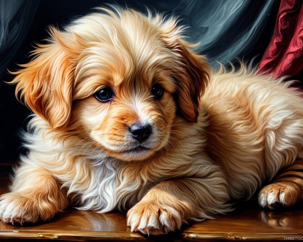 Fluffy Golden Puppy on Polished Surface with Drapery