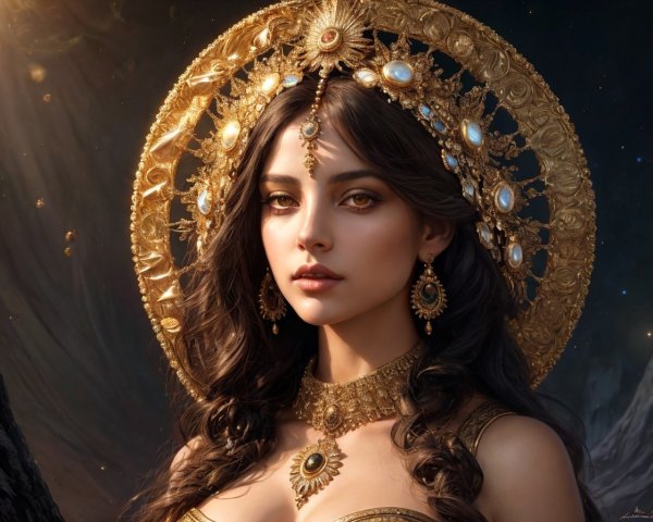 Woman in Luxurious Gold Jewelry with Ethereal Lighting