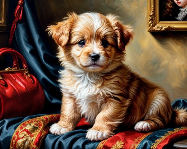 Fluffy Golden-Brown Puppy on Luxurious Fabric