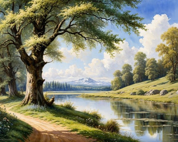 Tranquil River Landscape with Lush Vegetation and Hills