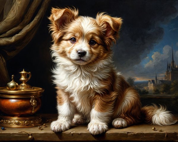 Fluffy Puppy on Wooden Surface with Dreamy Landscape