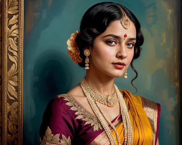 Traditional Woman in Vibrant Purple and Gold Saree