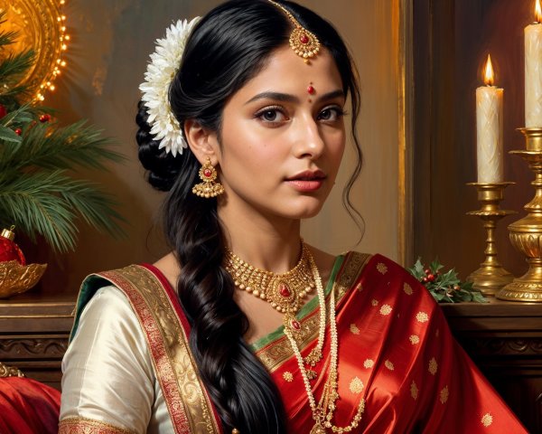 Young woman in traditional red and gold saree with jewelry