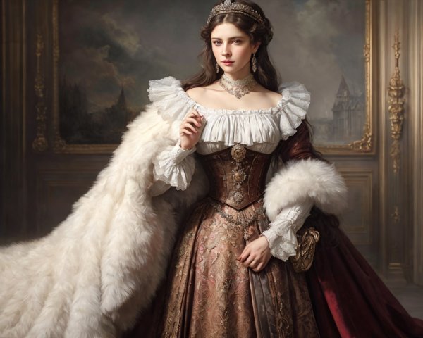 Regal woman in historical dress and fur stole with pearl necklace in elegant pose.