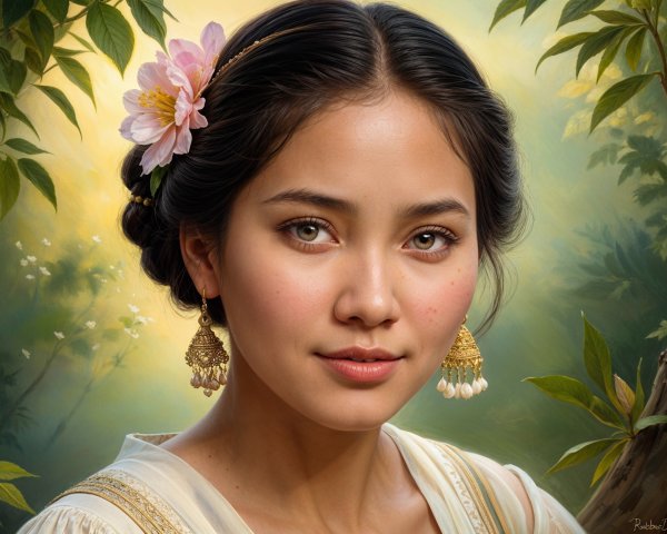 Young woman with serene expression in lush greenery