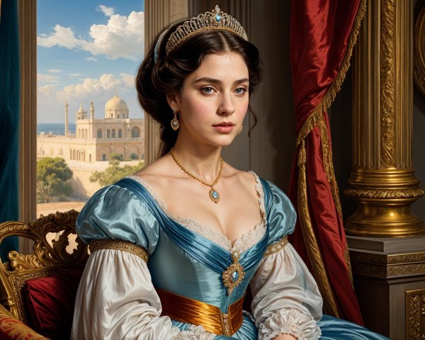 Regal Young Woman in Luxurious Blue Gown and Tiara