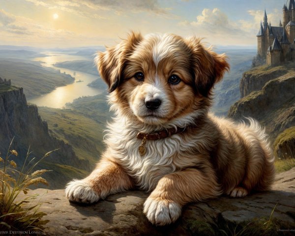 Fluffy Golden-Brown Puppy on Rocky Ledge with River