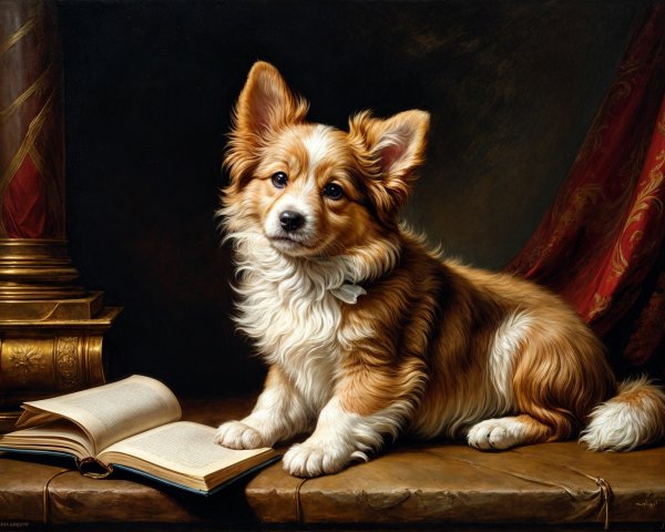 Corgi Puppy Resting Beside an Open Book