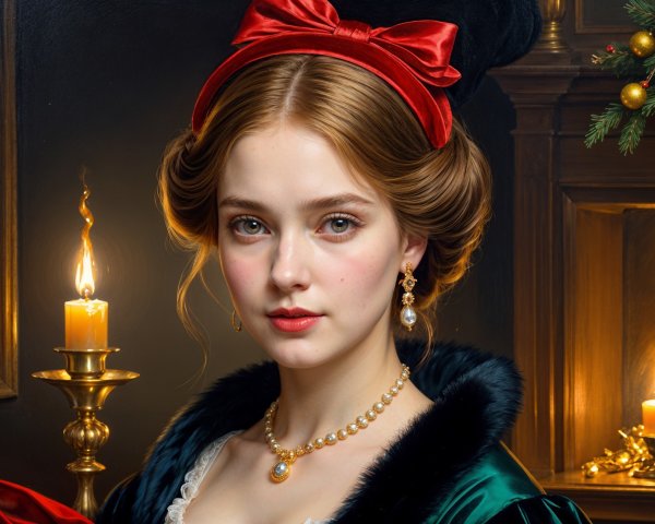 Young woman in dark green dress with fur collar