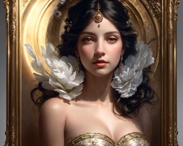 Portrait of a woman in a golden dress with floral hair