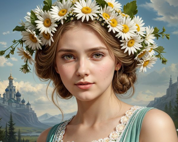 Young woman in teal gown with daisy crown in nature