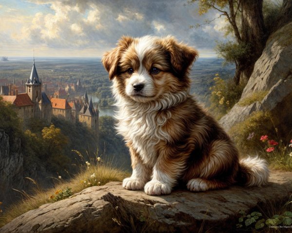 Fluffy Puppy on Rocky Outcrop in Scenic Landscape