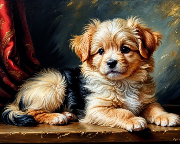 Fluffy Creamy Puppy with Black Patches on Wood