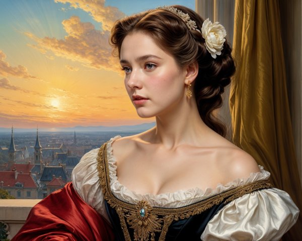 Young Woman in Historical Gown at Vibrant Sunset