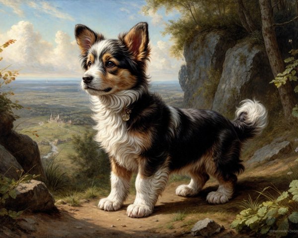 Corgi on Rocky Path Overlooking Lush Landscape