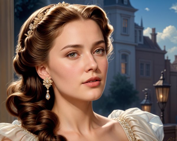 Young woman in elegant dress with fairy-tale backdrop