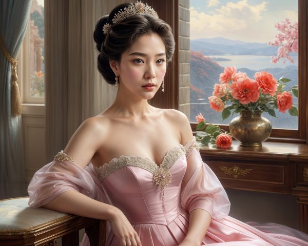 Elegant Young Woman in Pastel Pink Gown and Tiara