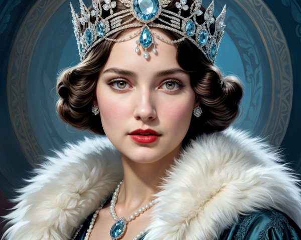 Regal Young Woman in Crown and Luxurious Attire