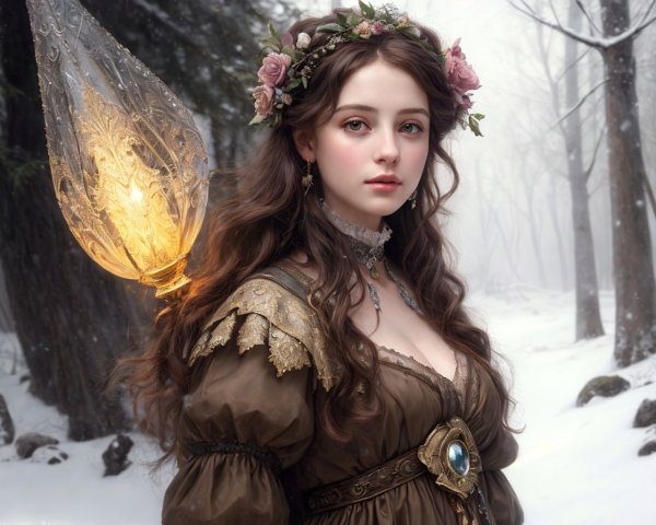 Young woman with floral wreath in snowy forest