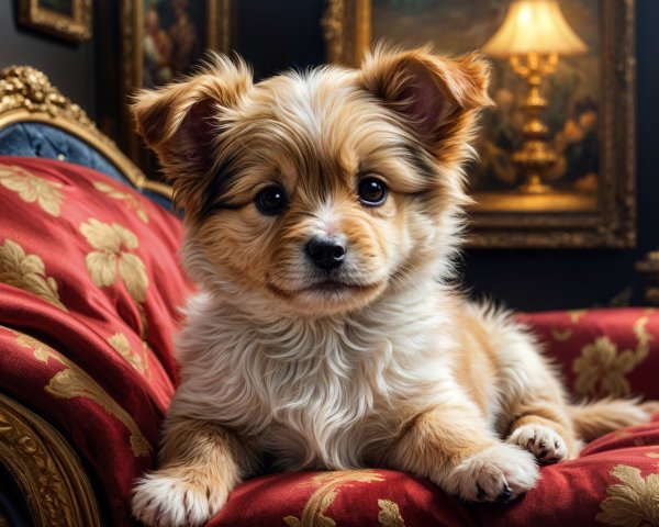 Fluffy Dog on Plush Couch in Elegant Setting