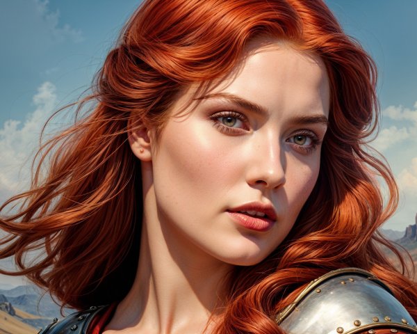 Young Woman in Metallic Armor Against Dramatic Landscape