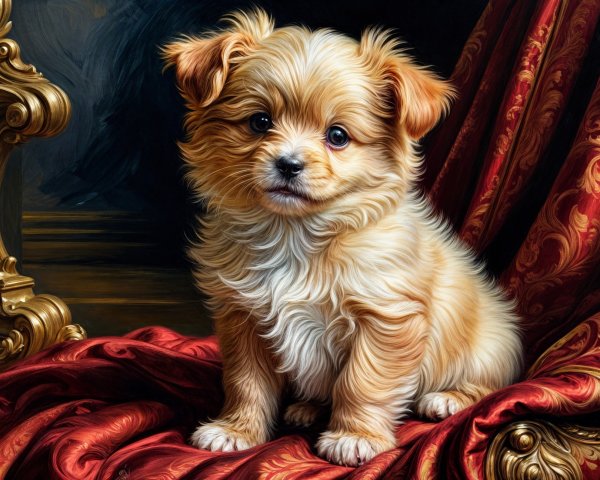 Fluffy Golden Puppy on Crimson and Gold Fabric