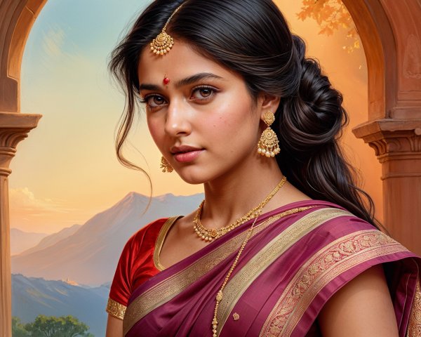 Young Woman in Traditional Maroon and Gold Sari