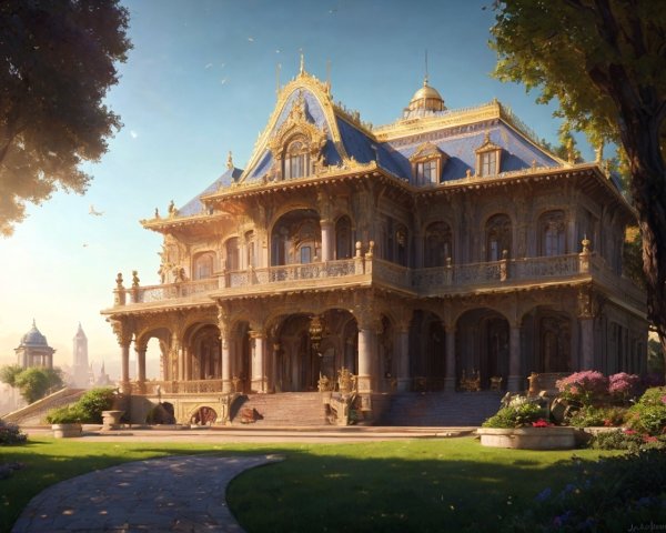 Ornate mansion with blue roof and golden accents