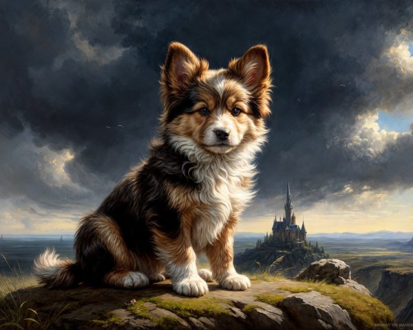 Fluffy Puppy on Rocky Outcrop with Dramatic Sky