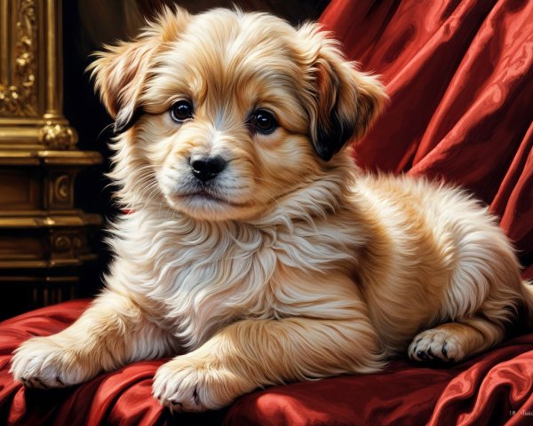 Fluffy Golden Puppy on Red Velvet Background