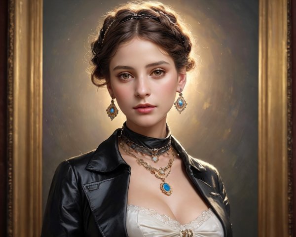 Young woman in vintage hairstyle, leather jacket, corseted dress, and sophisticated jewelry.
