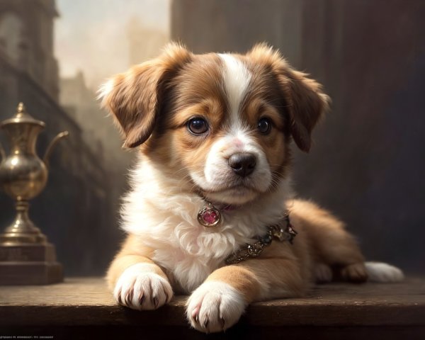 Tricolor fluffy puppy with jeweled collar on vintage backdrop