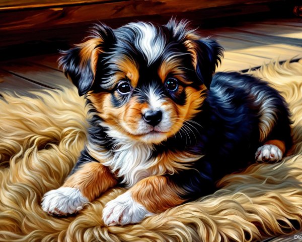Fluffy Puppy on Soft Golden Fur Rug in Cozy Setting