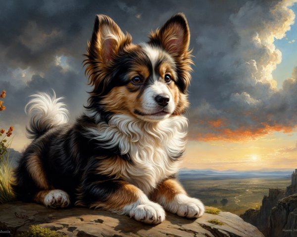 Corgi Puppy on Rocky Outcrop at Sunset Landscape