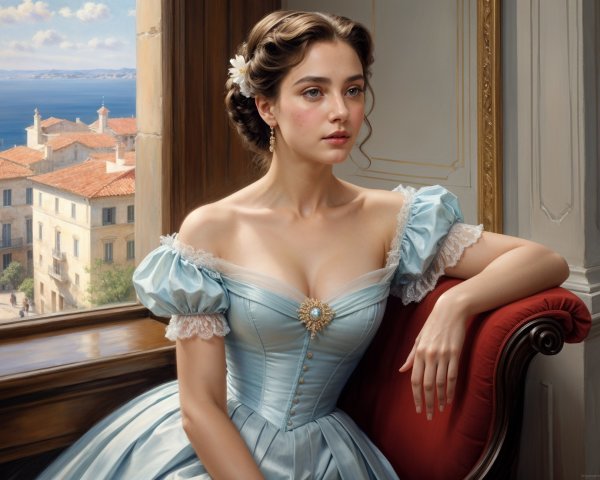 Young woman in pale blue gown by seaside window