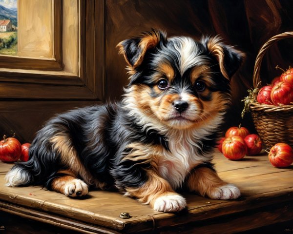 Puppy with Fluffy Coat Resting Near Apples