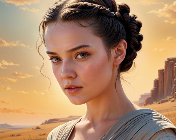 Young woman in elegant hairstyle at sunset landscape