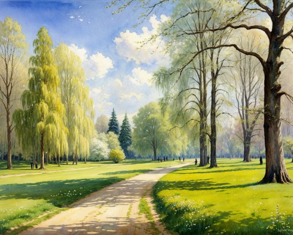 Vibrant Spring Park with Lush Greenery and Flowers