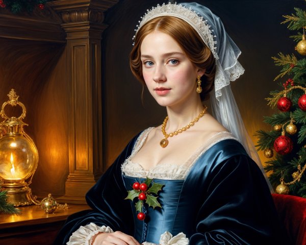Young Woman in Blue Dress by Cozy Christmas Hearth